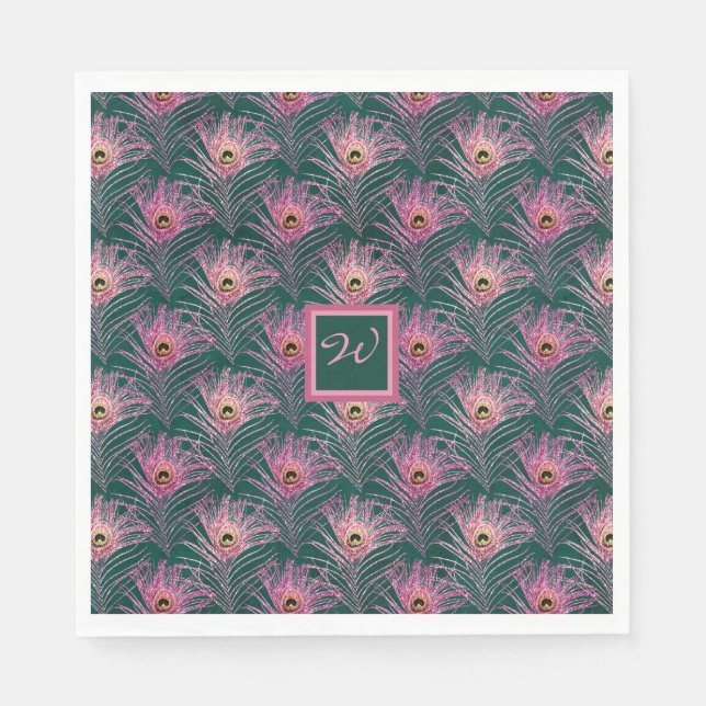 Rosa Peacock Feathers och Monogram on Deep Grönt Pappersservett (Framsidan)
