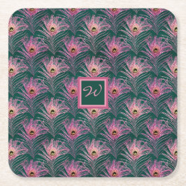 Rosa Peacock Feathers och Monogram on Deep Grönt Underlägg Papper Kvadrat
