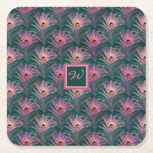 Rosa Peacock Feathers och Monogram on Deep Grönt Underlägg Papper Kvadrat