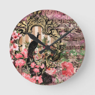 Rosa Peacocks Peacock Fransk Akrylväggsklocka Rund Klocka