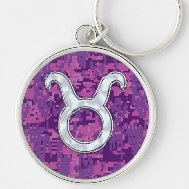 Rosa Pearl like Taurus Zodiac Sign on Digital Camo Rund Silverfärgad Nyckelring (Framsidan)
