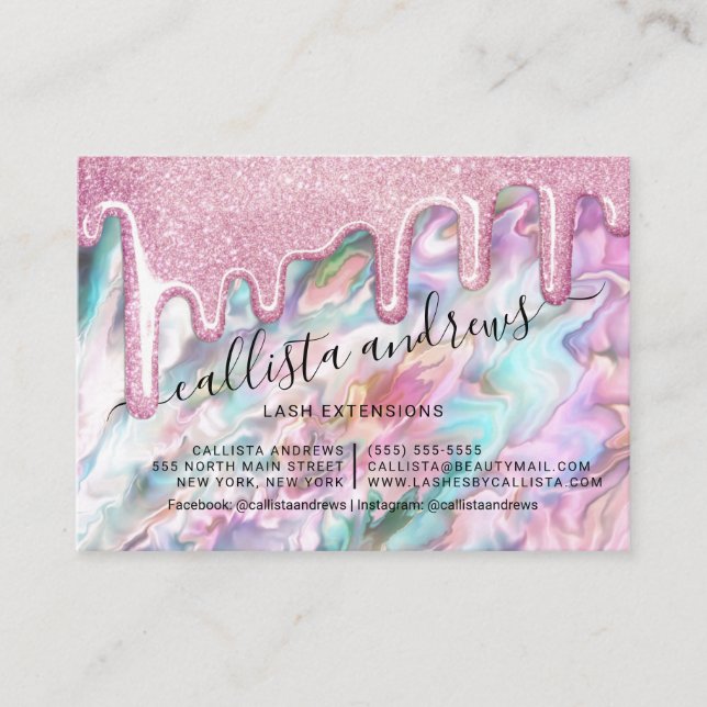 Rosa Pearl Opal Glitter Drives Lash Efterbehandlin Visitkort (Framsida)