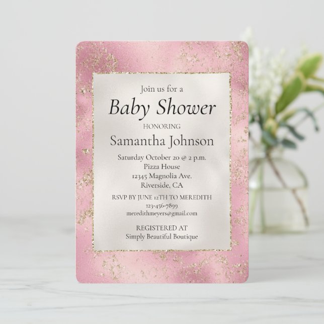 Rosa Pearl White Guld Glitter Glitz Baby Shower Inbjudningar (Stående Fram)