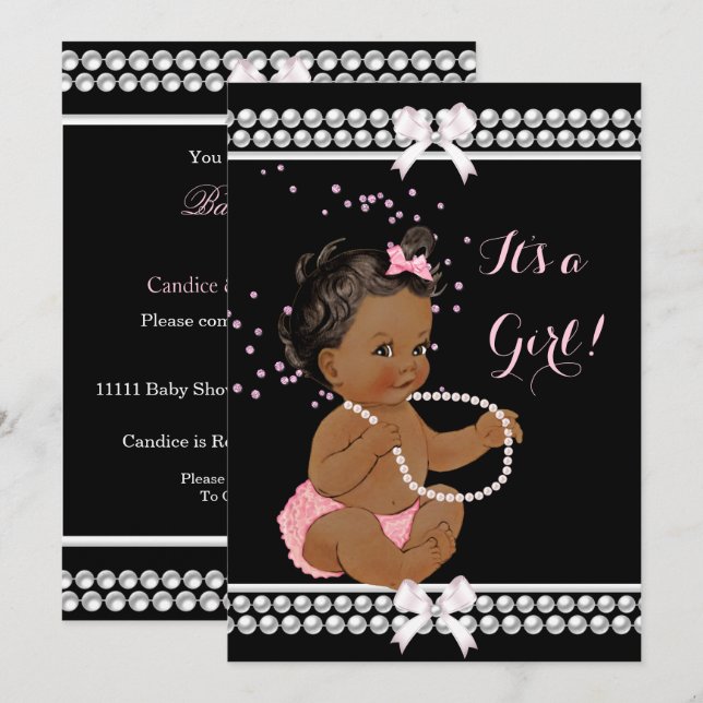 Rosa Pearls Cute Baby Shower Girl Black Ethnic nic Inbjudningar (Fram/baksida)