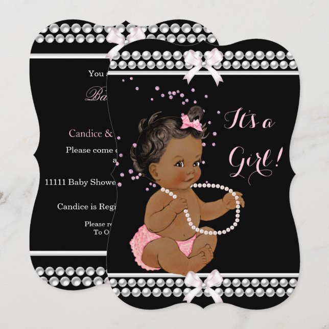 Rosa Pearls Cute Baby Shower Girl Black Ethnic nic Inbjudningar (Fram/baksida)