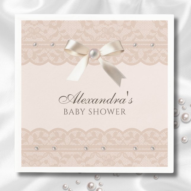  Rosa Pearls Satin Bow Snöre Baby Shower Pappersservett (Skapare uppladdad)