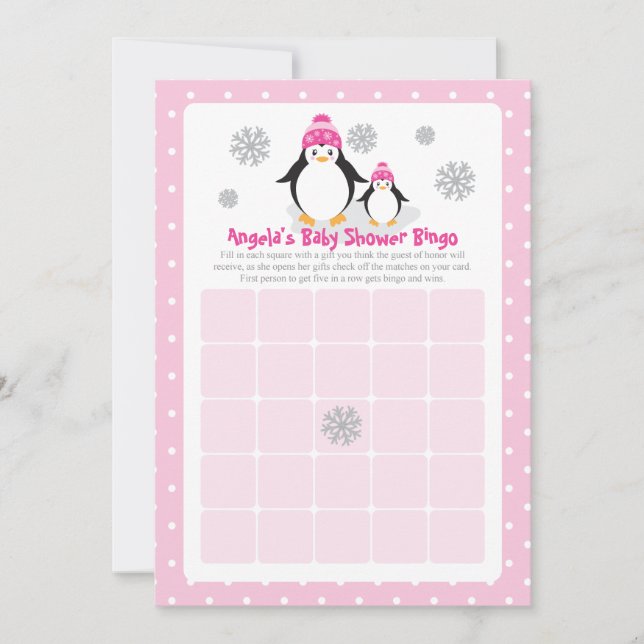 Rosa Penguin Baby Shower Bingo Card (Framsida)