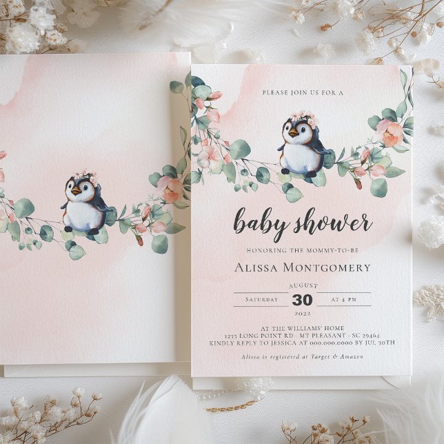 Rosa Penguin Baby Shower Girl Inbjudningar (Skapare uppladdad)