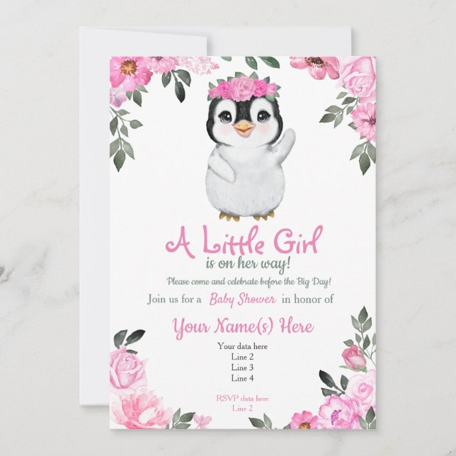 Rosa Penguin Baby Shower-inbjudan, rustik Inbjudningar (Framsida)