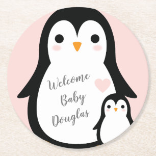 Rosa Penguin Baby Shower Underlägg Papper Rund