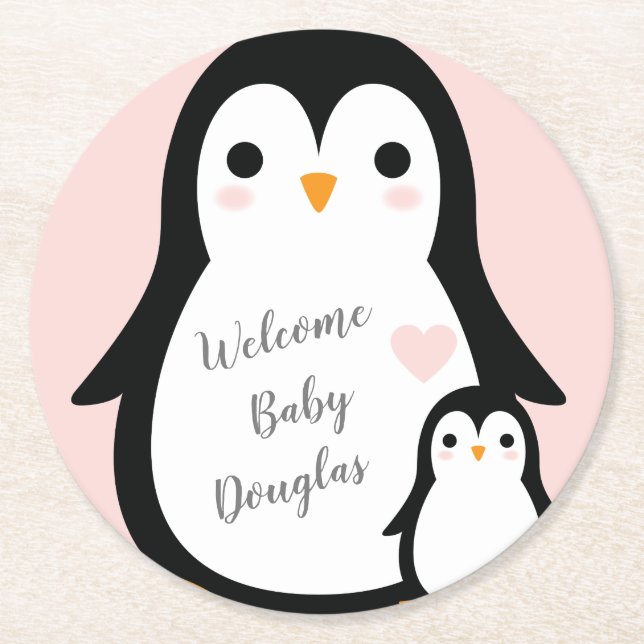 Rosa Penguin Baby Shower Underlägg Papper Rund (Framsidan)