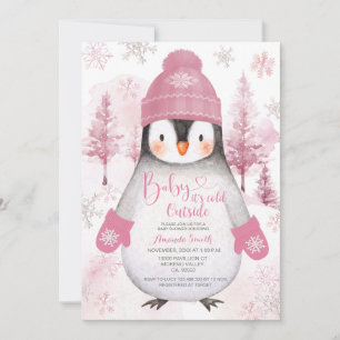 Rosa Penguin, stickad hatt Snöflingor Baby Shower Inbjudningar