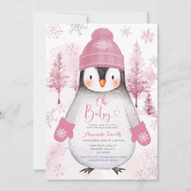 Rosa Penguin trikå Hat Snöflingor Baby Shower Inbjudningar (Framsida)