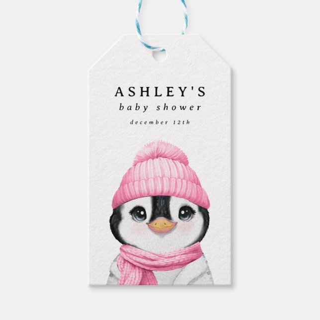 Rosa Penguin Winter Baby Shower Presentetikett (Framsidan)