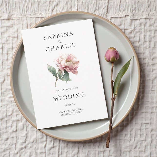 Rosa Peonblomma Elegant Botanisk Bröllop Inbjudningar (Blush Pink Peony Flower Elegant Botanical Wedding Invitation)
