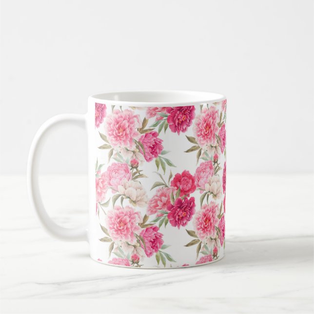 Rosa peonblommor, sömlösa mönster kaffemugg (Vänster)