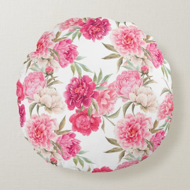 Rosa peonblommor, sömlösa mönster rund kudde (Framsidan)