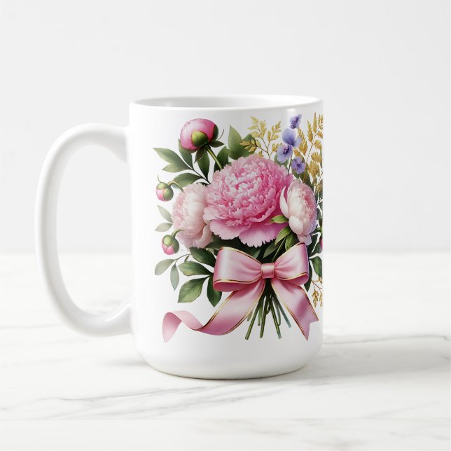 Rosa Peonbukett Mugg, Elegant Blommig Kaffekopp (Vänster)