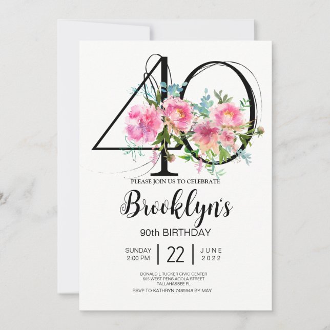 Rosa Peonies 40:e födelsedagen Inbjudningar (Framsida)