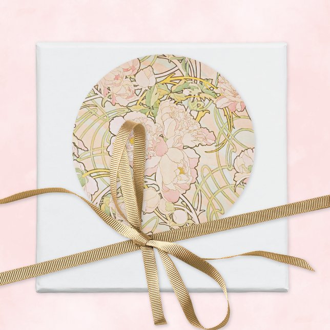 Rosa Peonies Alphonse Mucha Runt Klistermärke (Skapare uppladdad)