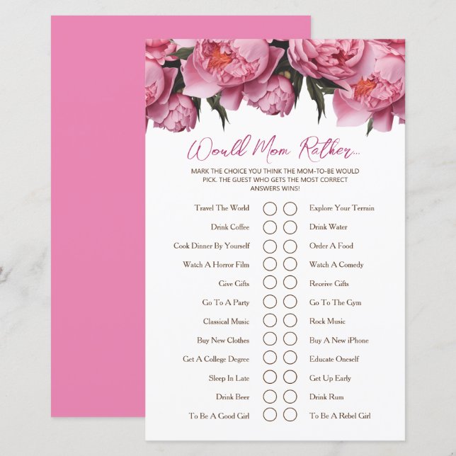 Rosa Peonies Baby Shower Game skulle Mamma snarare (Fram/baksida)