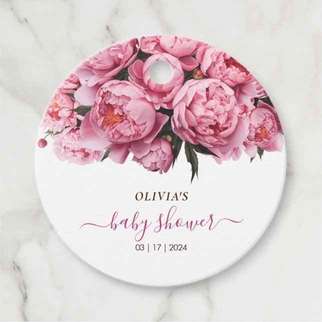 Rosa Peonies Baby Shower Gåvor Etiketter (Framsida)