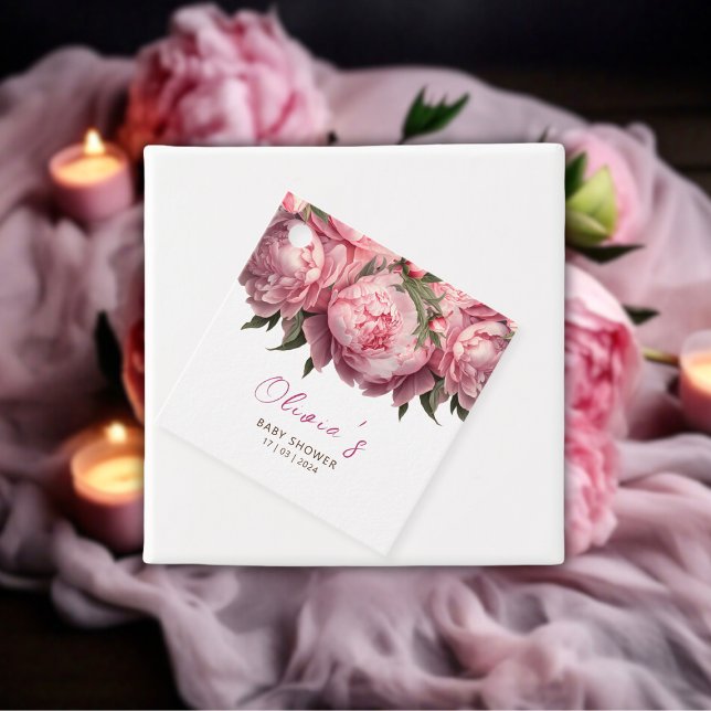 Rosa Peonies Baby Shower Gåvor Etiketter (Pink Peonies Watercolor Baby Shower Favor Tags)