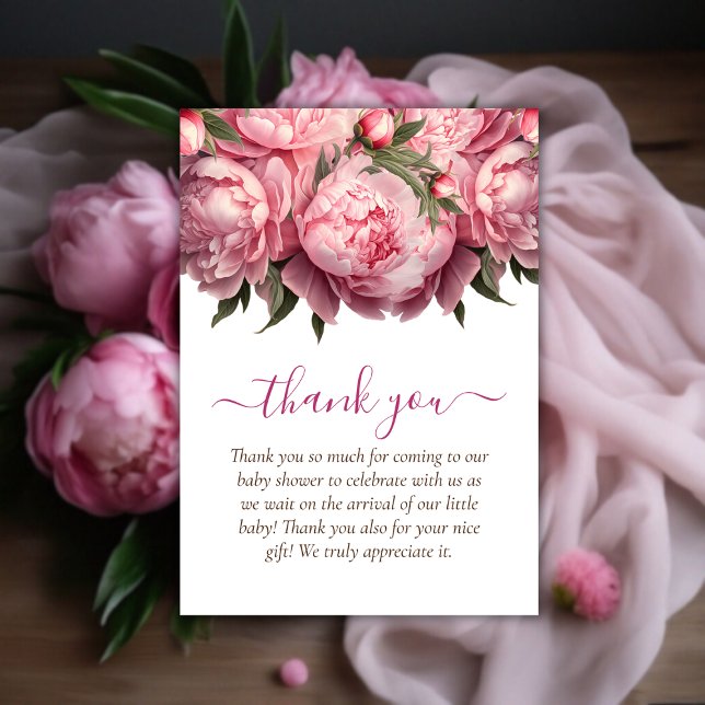 Rosa Peonies Baby Shower Tack Kort (Pink Peonies Watercolor Baby Shower Thank You)