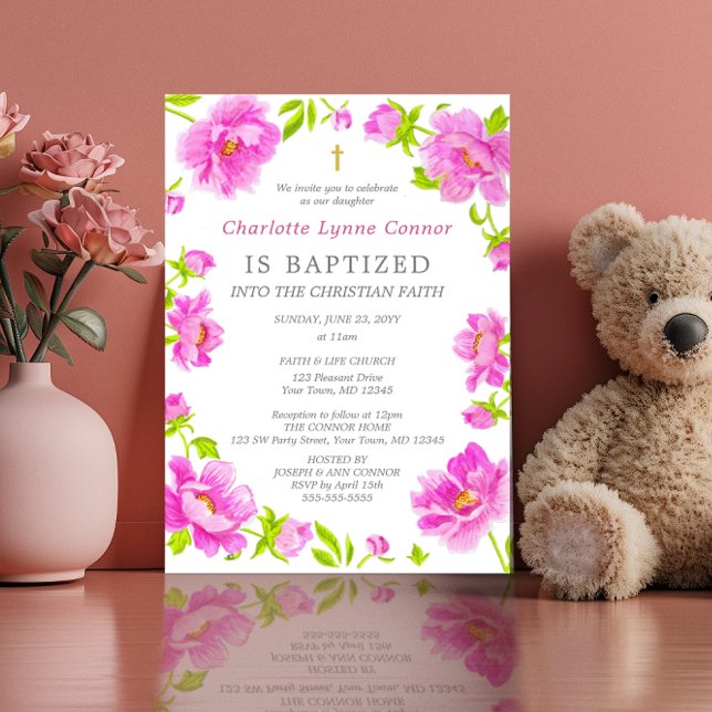 Rosa Peonies Baptism-inbjudan Inbjudningar (Skapare uppladdad)