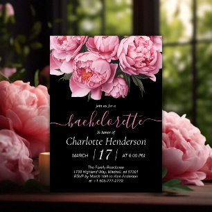 Rosa Peonies Black Bachelorette Party Inbjudningar