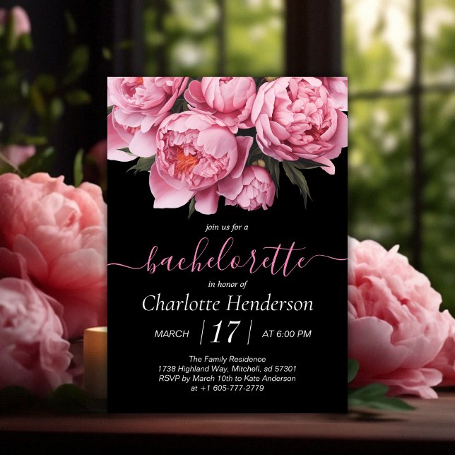 Rosa Peonies Black Bachelorette Party Inbjudningar (Pink Peonies Watercolor Black Bachelorette Party Invitation)
