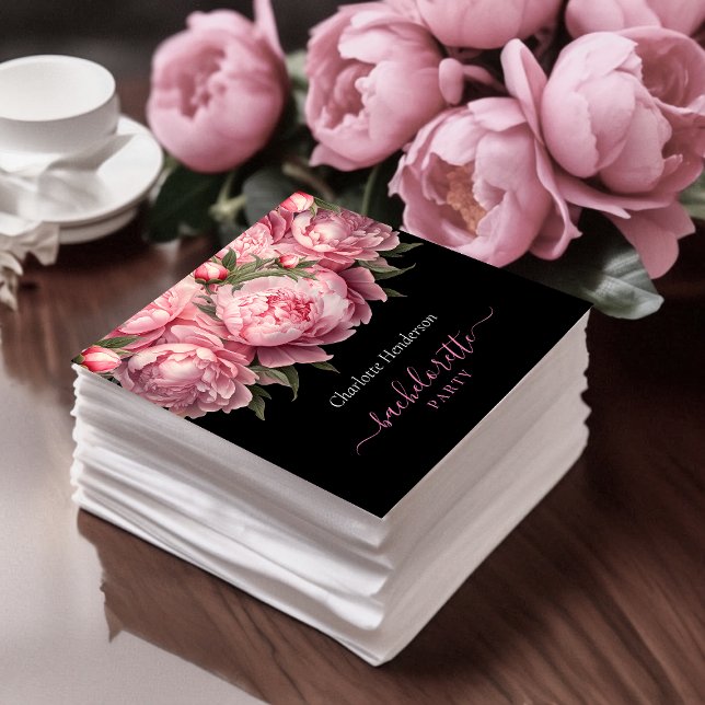 Rosa Peonies Black Bachelorette Party Pappersservett (Pink Peonies Watercolor Black Bachelorette Party Napkins)