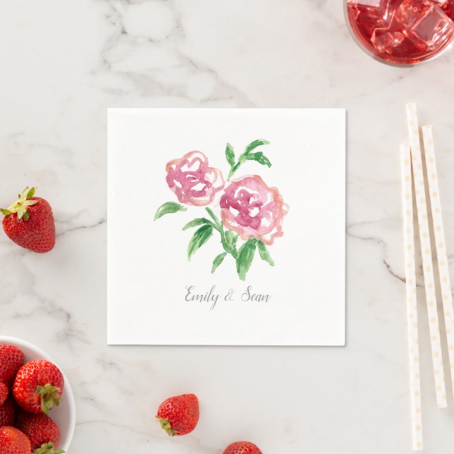 Rosa Peonies Blomma Anpassad Bröllopsmonogram  Pappersservett (Insitu)