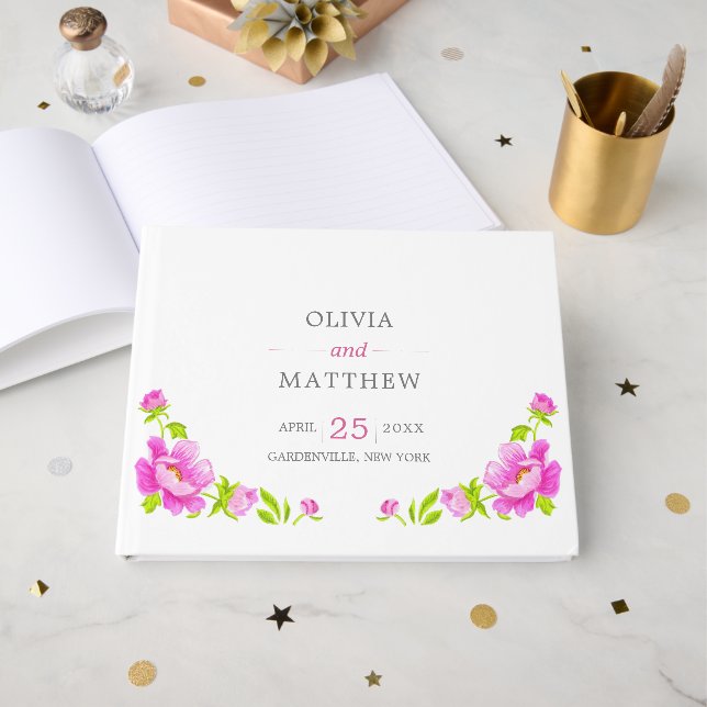 Rosa Peonies Blommigt Bröllop Guest Bok (Framsida Öppen)