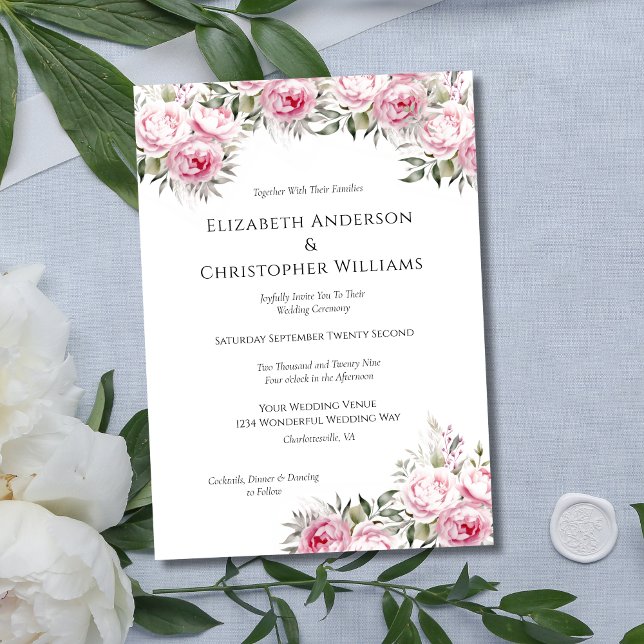Rosa Peonies Blommigt Flowers Watercolor Bröllop Inbjudningar (Pink Floral Peonies with Greenery Elegant Wedding Invitation. Printed or Digital Instant Download)