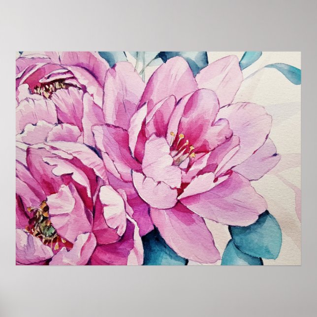 Rosa Peonies Blommigt Watercolor Art Poster Papper (Framsidan)