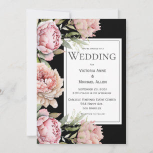 Rosa Peonies Blommigt Watercolor Black Bröllop Inbjudningar