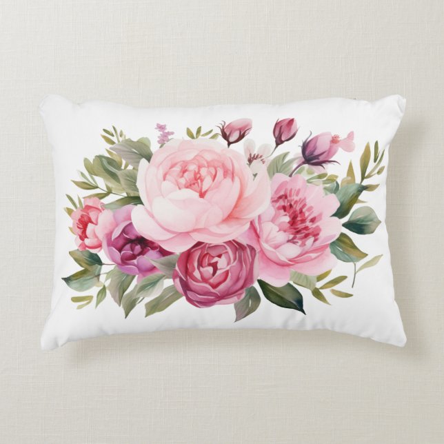 Rosa Peonies Blommor Vattenfärg Elegant Prydnadskudde (Framsidan)