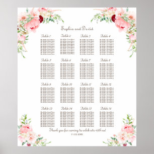 Rosa Peonies Bloom Bröllop Sittplatsdiagram Poster