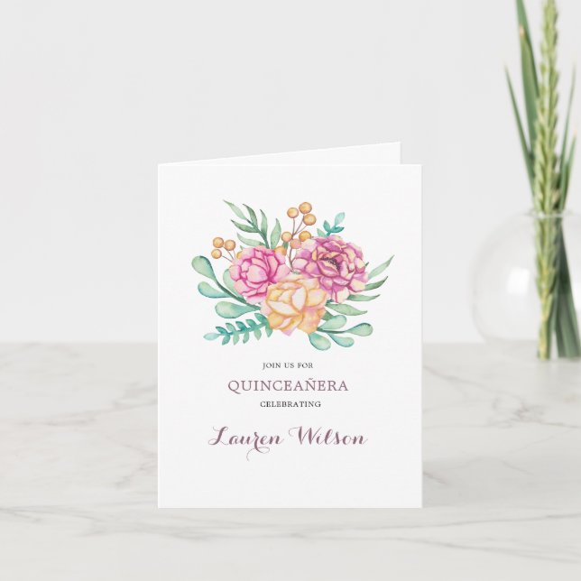 Rosa Peonies Bouguet Quinceanera Foled Inbjudan (Framsida)