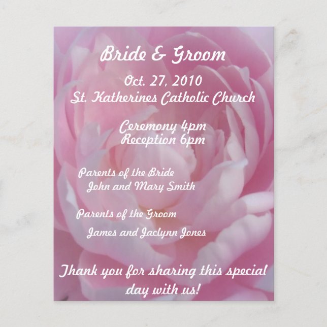 Rosa Peonies Bröllopsprogram Flyer (Framsida)