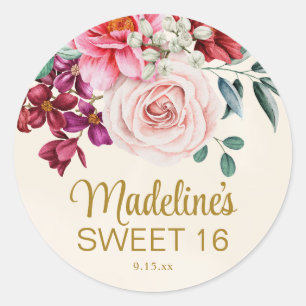 Rosa Peonies Burgunder Röd Blommiga blad Sweet 16 Runt Klistermärke