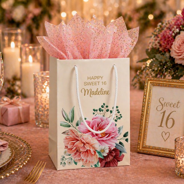 Rosa Peonies Burgunderröd Blommiga blad Sweet 16   (Pink and red floral Sweet 16 gift bag)