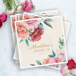 Rosa Peonies Burgundy Blommigt Lövs Sweet 16 Pappersservett