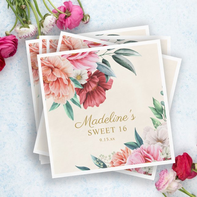 Rosa Peonies Burgundy Blommigt Lövs Sweet 16 Pappersservett (Skapare uppladdad)