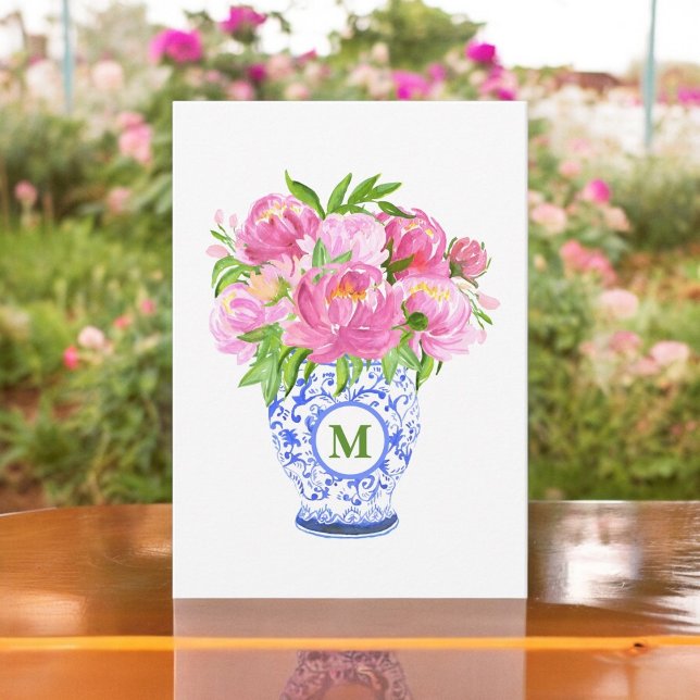 Rosa Peonies Chinoiserie Vas Grönt Monogram Anteckningskort (Skapare uppladdad)