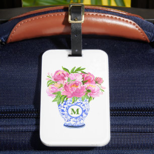 Rosa Peonies Chinoiserie Vas Grönt Monogram Bagagebricka