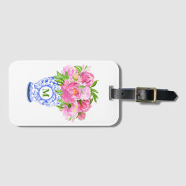 Rosa Peonies Chinoiserie Vas Grönt Monogram Bagagebricka