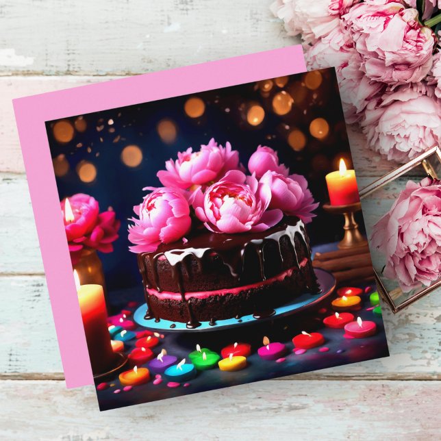 Rosa Peonies Chocolate Birthday Personlig Kort (A charming peony chocolate cake to celebrate someone's birthday or special occasion. )