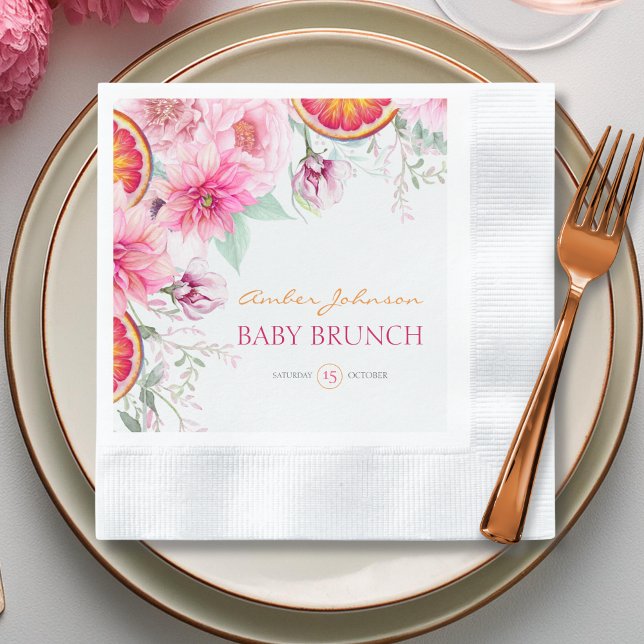 Rosa Peonies & Citrus Baby Shower Pappersservett (Citrus and pink watercolor flowers baby shower party napkins)